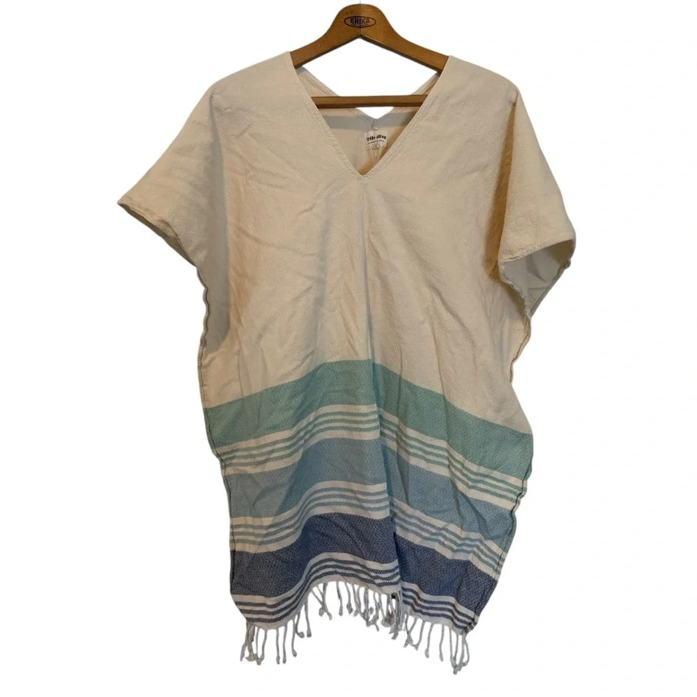 Tribe Alive One Size Fits Blue and Ivory Poncho Cotton Kaftan Beach